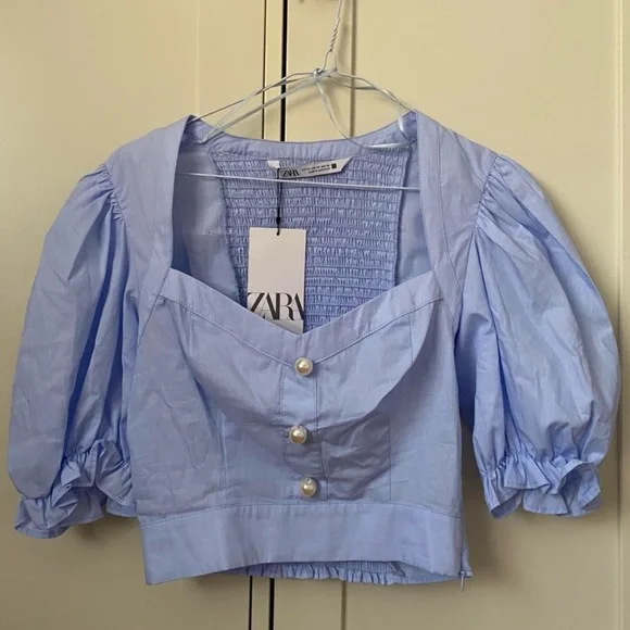 NWT Zara PEARL BUTTON CROP TOP Size XS Blue 7755/485/406 - Picture 6 of 8